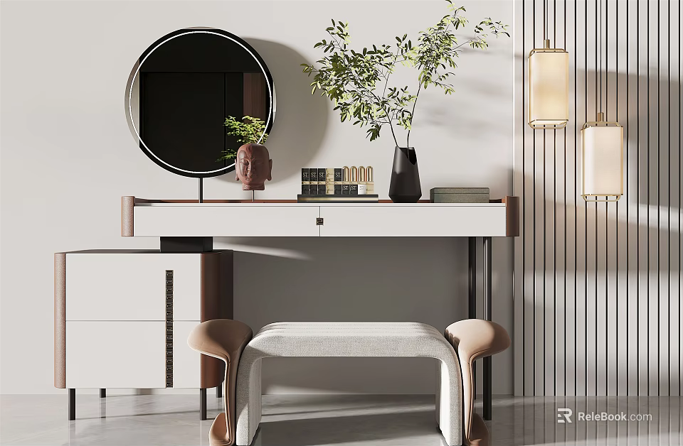 Stylish Modern Dressing Table Interior with Round Mirror Potted Plant and Stool 3d model
