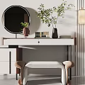 Stylish Modern Dressing Table Interior with Round Mirror Potted Plant and Stool 3d model