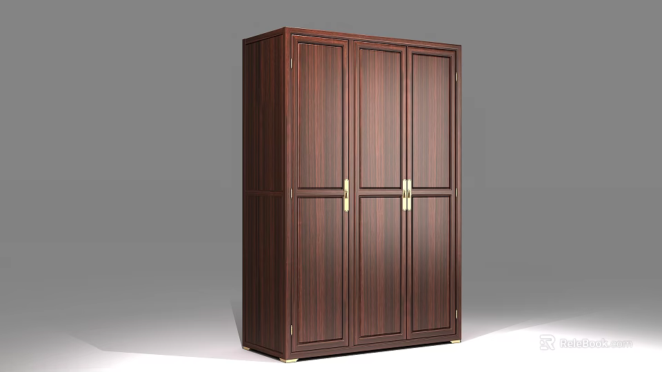 Dark Brown Solid Wooden Wardrobe With Three Panel Doors And Brass Handles 3d model