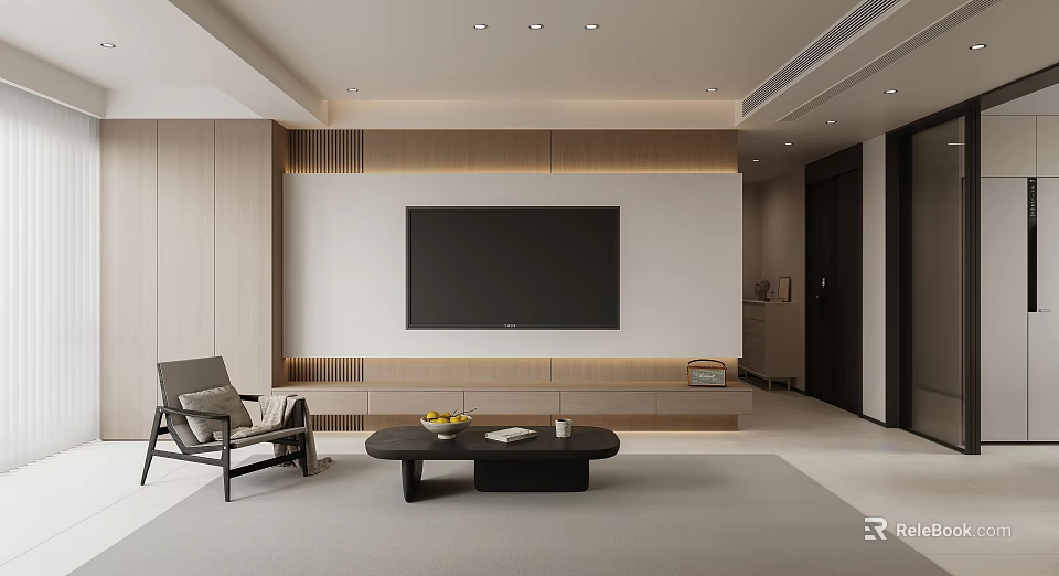 Modern Living Room Interior Design With TV Wall Coffee Table And Accent Chair 3d model 