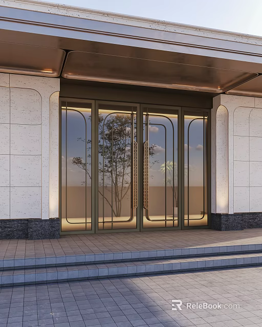 Modern Glass Entrance Door With Metal Frame And Building Wall Design 3d model 