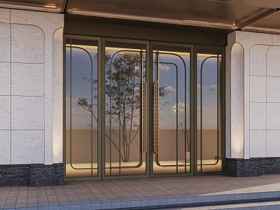 Modern Glass Entrance Door With Metal Frame And Building Wall Design 3d model