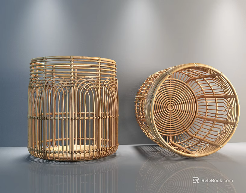 Woven Bamboo Storage Baskets with Natural Design Standing and Sideways Placed 3d model