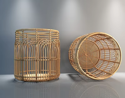 Woven Bamboo Storage Baskets with Natural Design Standing and Sideways Placed 3d model