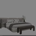 Modern Double Bed with White Headboard White Pillows Gray Throw Brown Bench Nightstand and Green Plant