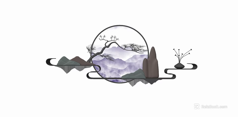 Chinese Style Wall Decor With Circular Frame Purple Mountain Landscape And Pine Tree 3d model