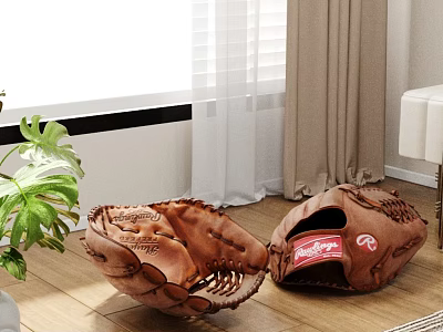 Rawlings High Quality Leather Baseball Gloves For Indoor Training On Wooden Floor 3d model