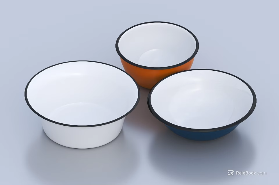 Three White Orange Blue Enamel Bowls Tableware Set with Black Rim 3d model 