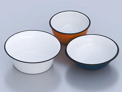 Three White Orange Blue Enamel Bowls Tableware Set with Black Rim 3d model