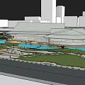 Modern Cultural Center Building with Water Pool and Green Lawn Landscape