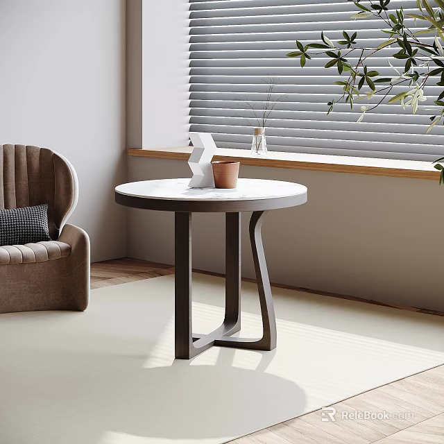 Round White Top Side Table With Dark Wooden Legs Near Brown Chair By Window Blinds 3d model 