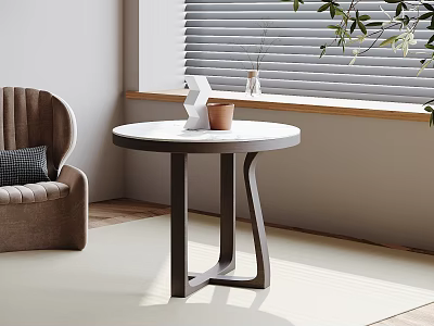 Round White Top Side Table With Dark Wooden Legs Near Brown Chair By Window Blinds 3d model