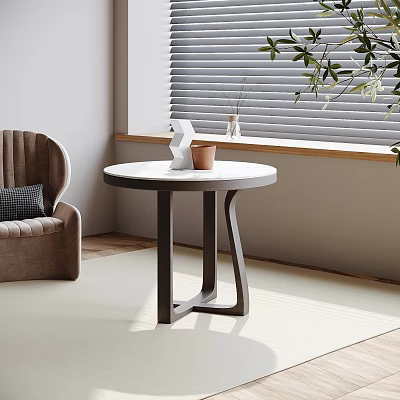 Round White Top Side Table With Dark Wooden Legs Near Brown Chair By Window Blinds 3d model