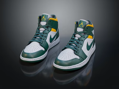 Green White And Yellow High Top Air Jordan Shoes With Jumpman Logo And Nike Swoosh 3d model