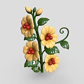 3D Decorative Plant With Yellow Flowers Red Centers Green Leaves And Curved Vine