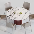 Round Dining Table Set with Marble Top Red Base and Six Light Gray Leather Chairs 3d model