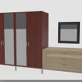 Dark Red Wardrobe With Glass Doors Light Beige Drawer Chest And Black Frame Mirror