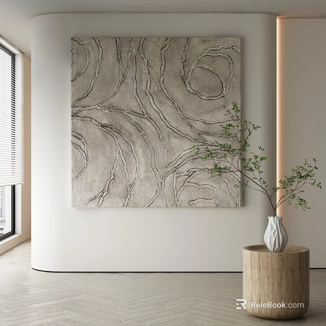 Abstract Painting With Gray Wavy Texture Indoor Decor Vase On Wooden Stand Natural Light 3d model 