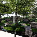 Tranquil Garden Landscape With Lush Trees Water Feature And Sunlit Pathway