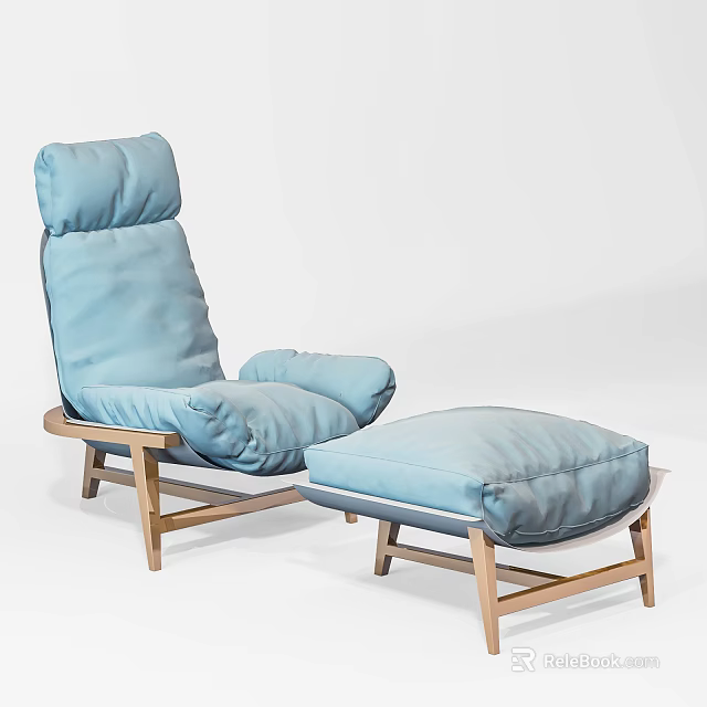 Comfortable Lounge Chair with Blue Cushion and Wooden Frame Matching Ottoman for Relaxation 3d model 