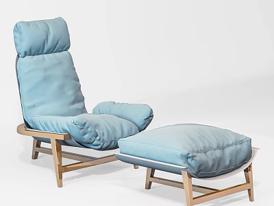 Comfortable Lounge Chair with Blue Cushion and Wooden Frame Matching Ottoman for Relaxation 3d model