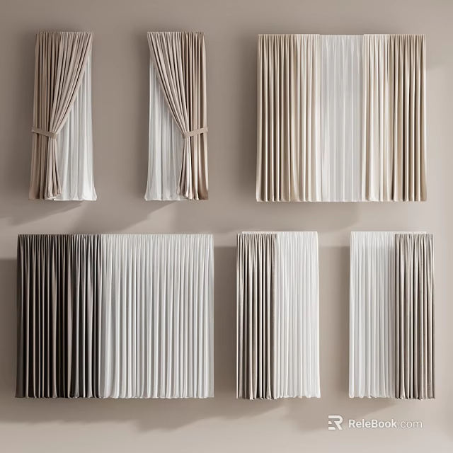 Pleated and Draped Window Curtains with Various Color Options Beige White Brown for Home Decor 3d model 