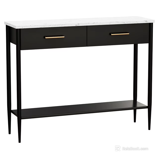 Modern Dining Table Featuring White Marble Top Black Frame Gold Drawer Handles And Lower Shelf 3d model 