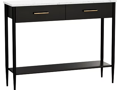 Modern Dining Table Featuring White Marble Top Black Frame Gold Drawer Handles And Lower Shelf 3d model