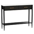 Modern Dining Table Featuring White Marble Top Black Frame Gold Drawer Handles And Lower Shelf
