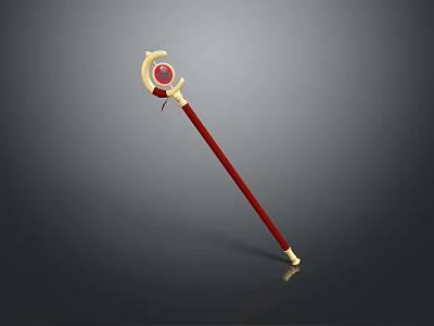 Magical Staff Weapon Featuring Red Long Handle Golden Decoration And Red Circular Top Part 3d model