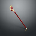 Magical Staff Weapon Featuring Red Long Handle Golden Decoration And Red Circular Top Part