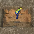 Workers Excavating Square Foundation Pits On Construction Site With Muddy Ground