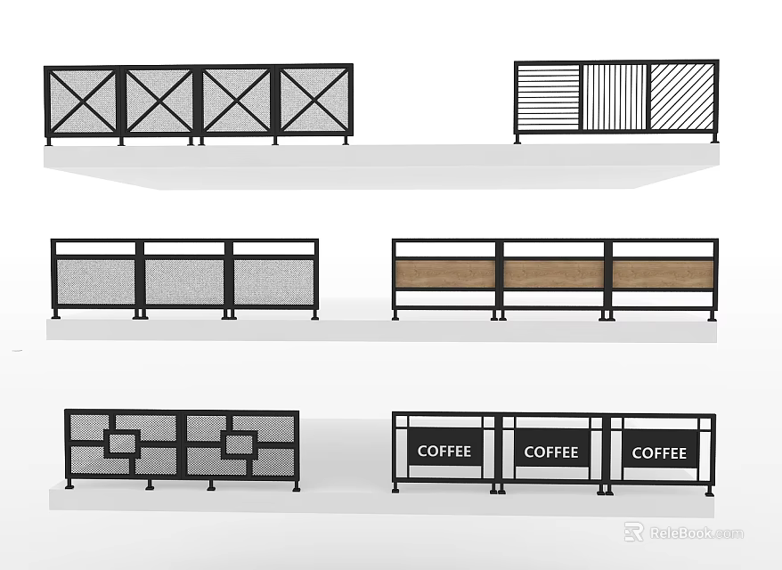Stylish Railings With Various Designs Crossed Patterns Striped Panels And Coffee Signage 3d model 