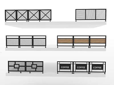 Stylish Railings With Various Designs Crossed Patterns Striped Panels And Coffee Signage 3d model