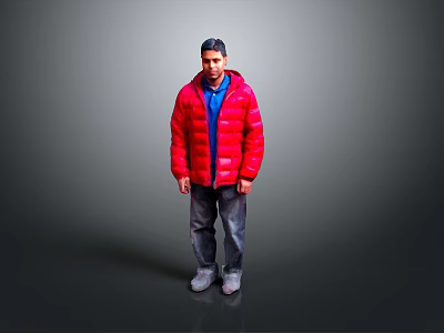 Man wearing red puffer jacket blue shirt gray pants and gray shoes against gray background 3d model