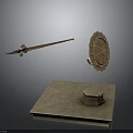 Ancient Weapons Display Featuring Spear And Shield Floating Above Stone Platform With Small Structure 3d model