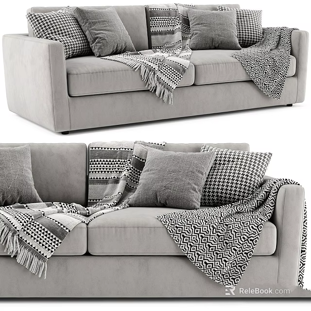 Gray Sofa Interior With Patterned Pillows And Cozy Knitted Blankets 3d model