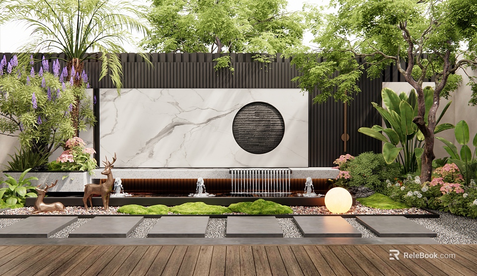 Modern Garden with Marble Backdrop Circular Decoration Water Fountain Deer Sculpture and Greenery 3d model 