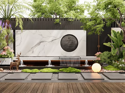 Modern Garden with Marble Backdrop Circular Decoration Water Fountain Deer Sculpture and Greenery 3d model