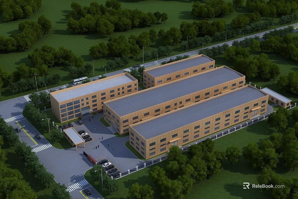 Modern Industrial Factory Buildings Exterior Surrounded By Greenery Parking Lot And Access Road 3d model 