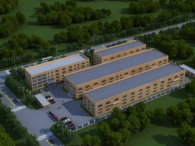 Modern Industrial Factory Buildings Exterior Surrounded By Greenery Parking Lot And Access Road 3d model