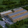 Modern Industrial Factory Buildings Exterior Surrounded By Greenery Parking Lot And Access Road