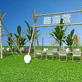 Art Installation For Camping With Teepee Structures Green Plants And Chairs