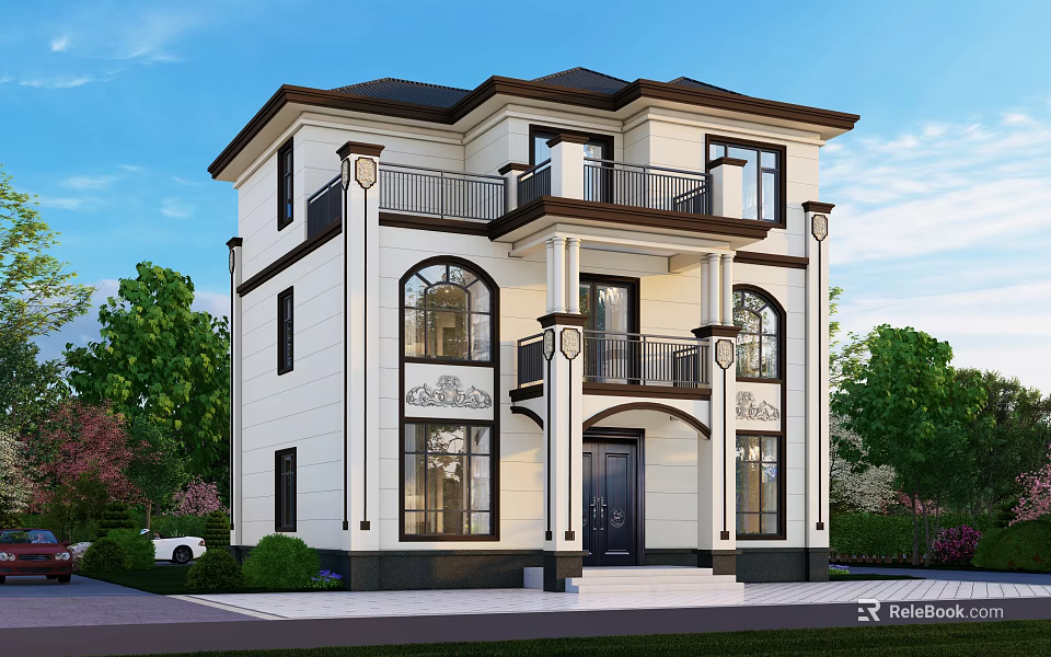 Two Story White Exterior Detached Villa With Black Window Frames Balcony And Green Trees 3d model 
