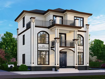 Two Story White Exterior Detached Villa With Black Window Frames Balcony And Green Trees 3d model