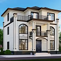 Two Story White Exterior Detached Villa With Black Window Frames Balcony And Green Trees