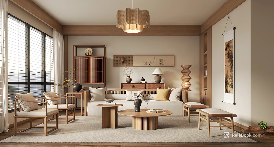 Natural Living Room Interior With Woven Pendant Light Wooden Furniture And Low Sofa 3d model 