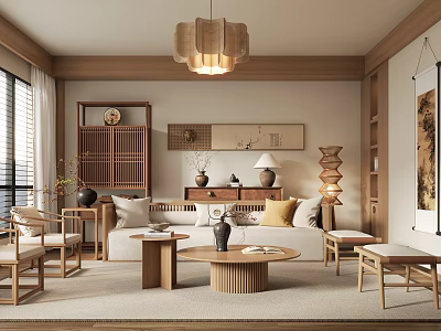 Natural Living Room Interior With Woven Pendant Light Wooden Furniture And Low Sofa 3d model