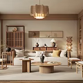 Natural Living Room Interior With Woven Pendant Light Wooden Furniture And Low Sofa
