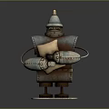 Rusty Metal Robot Sculpture With Hat Holding Pillow On Base